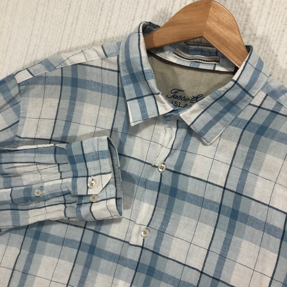 Tasso Elba Island XL Mens Plaid Button‎ Up Long Sleeve Shirt Linen Cotton Blend